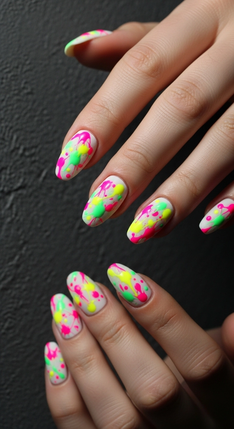 A close-up of nails with a white base and a chaotic, artistic splatter of neon paint.