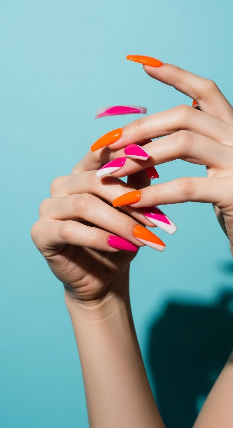A bold color block nail design with sharp diagonal lines of hot pink and vibrant orange.
