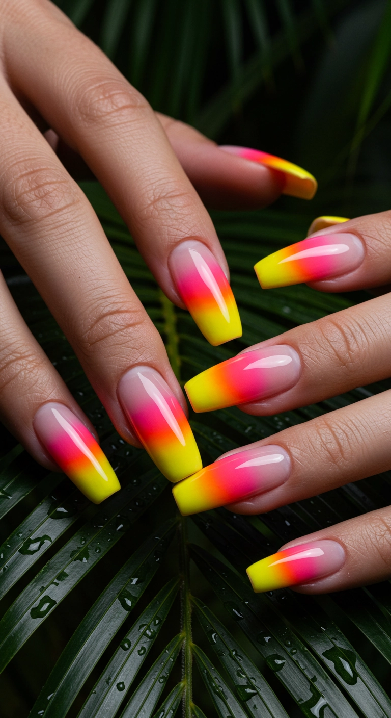 Close-up of nails with a pink, orange, and yellow tropical sunset ombré design.
