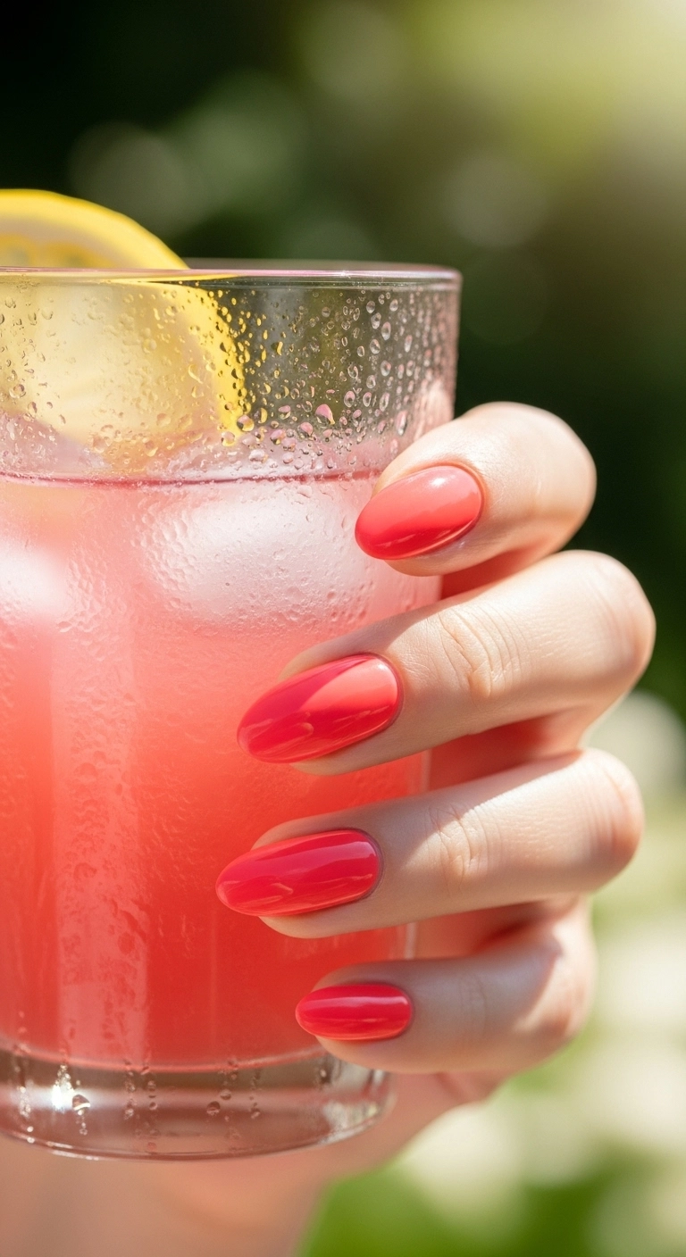 A woman's hand with bright electric coral nails holding a glass of lemonade.