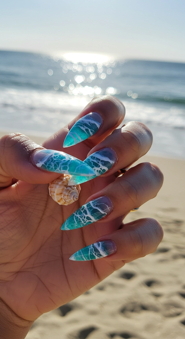 A woman's hand with intricate blue and white ocean wave nail art, holding a seashell.
