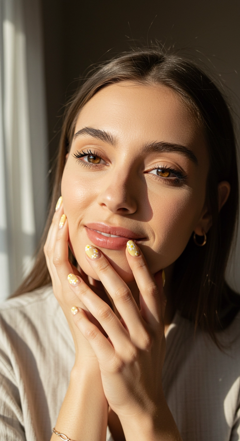 A woman's hand showcasing cheerful sunshine yellow nails with tiny white daisy art.