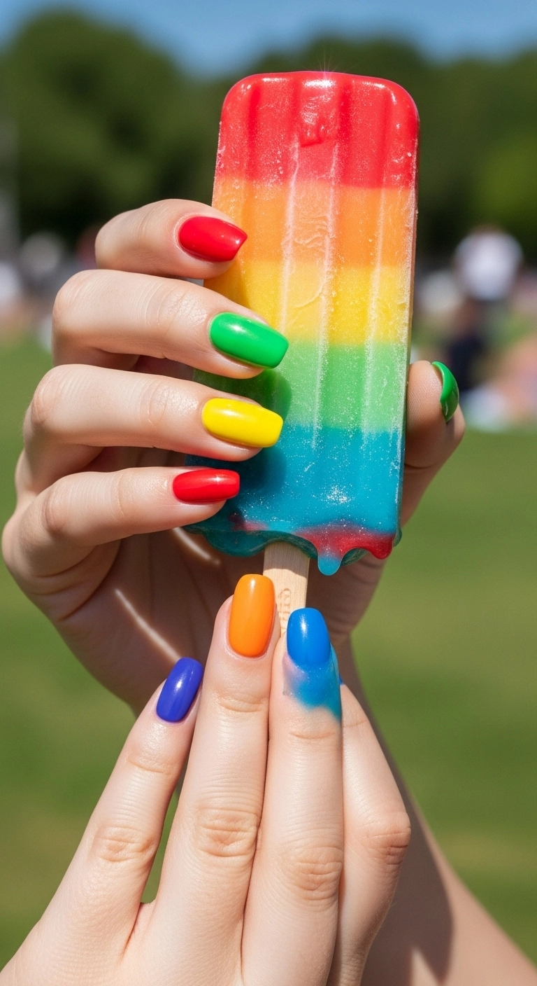 A hand with each nail painted a different bright color, holding a popsicle.