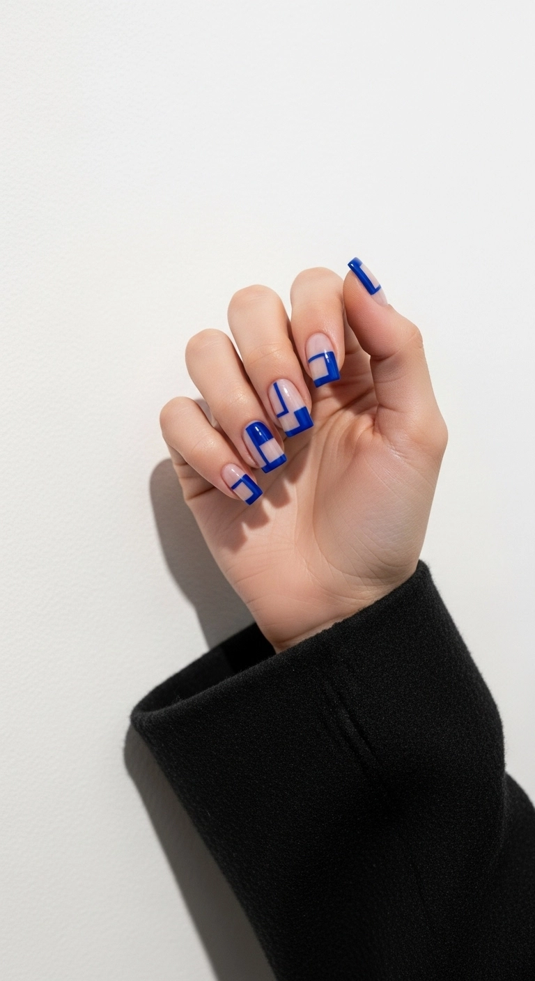 Chic nail art with bold cobalt blue geometric shapes on a clear, negative space base.