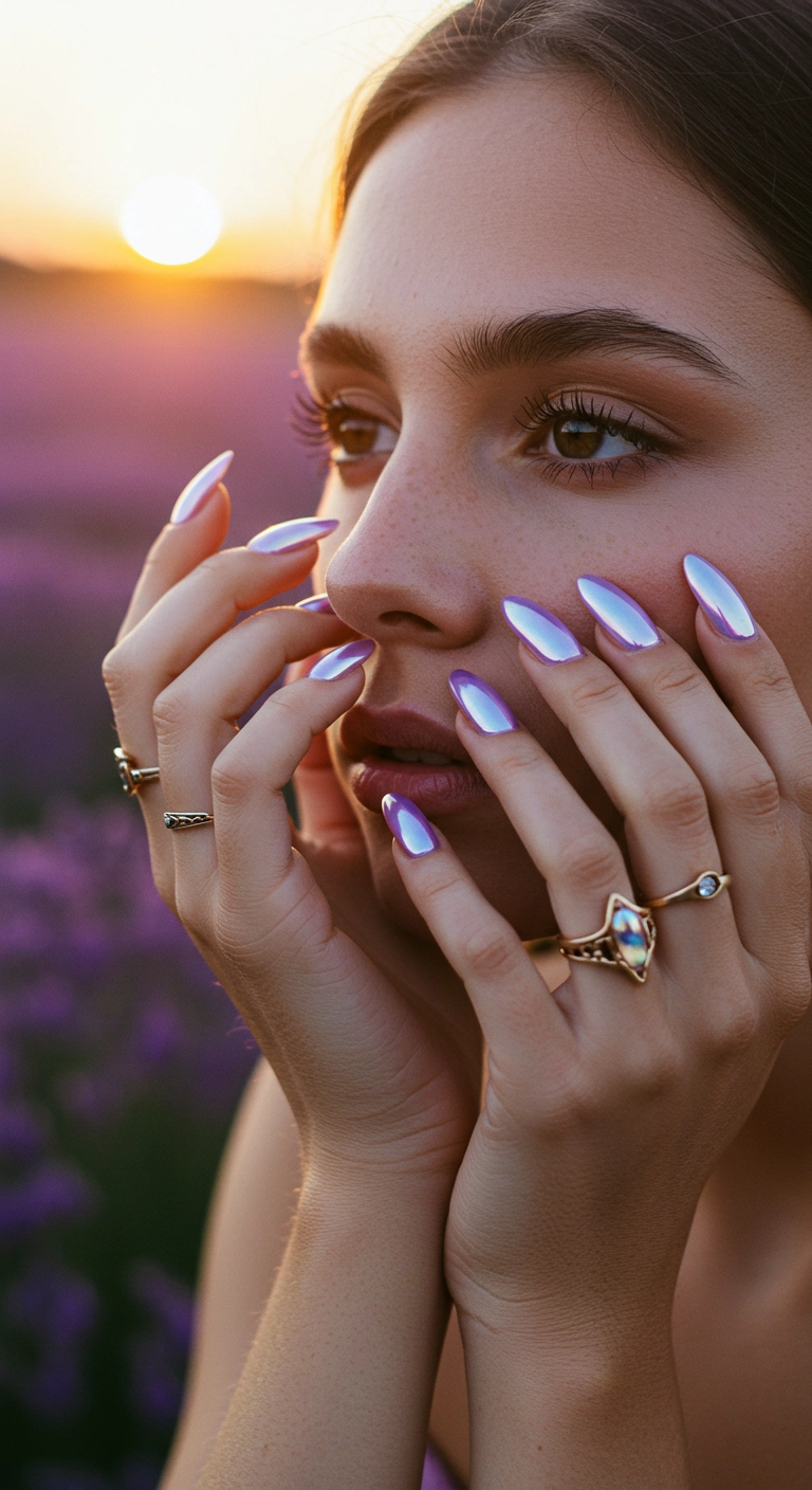 A woman's hands showing off almond-shaped nails with a lavender iridescent chrome finish.