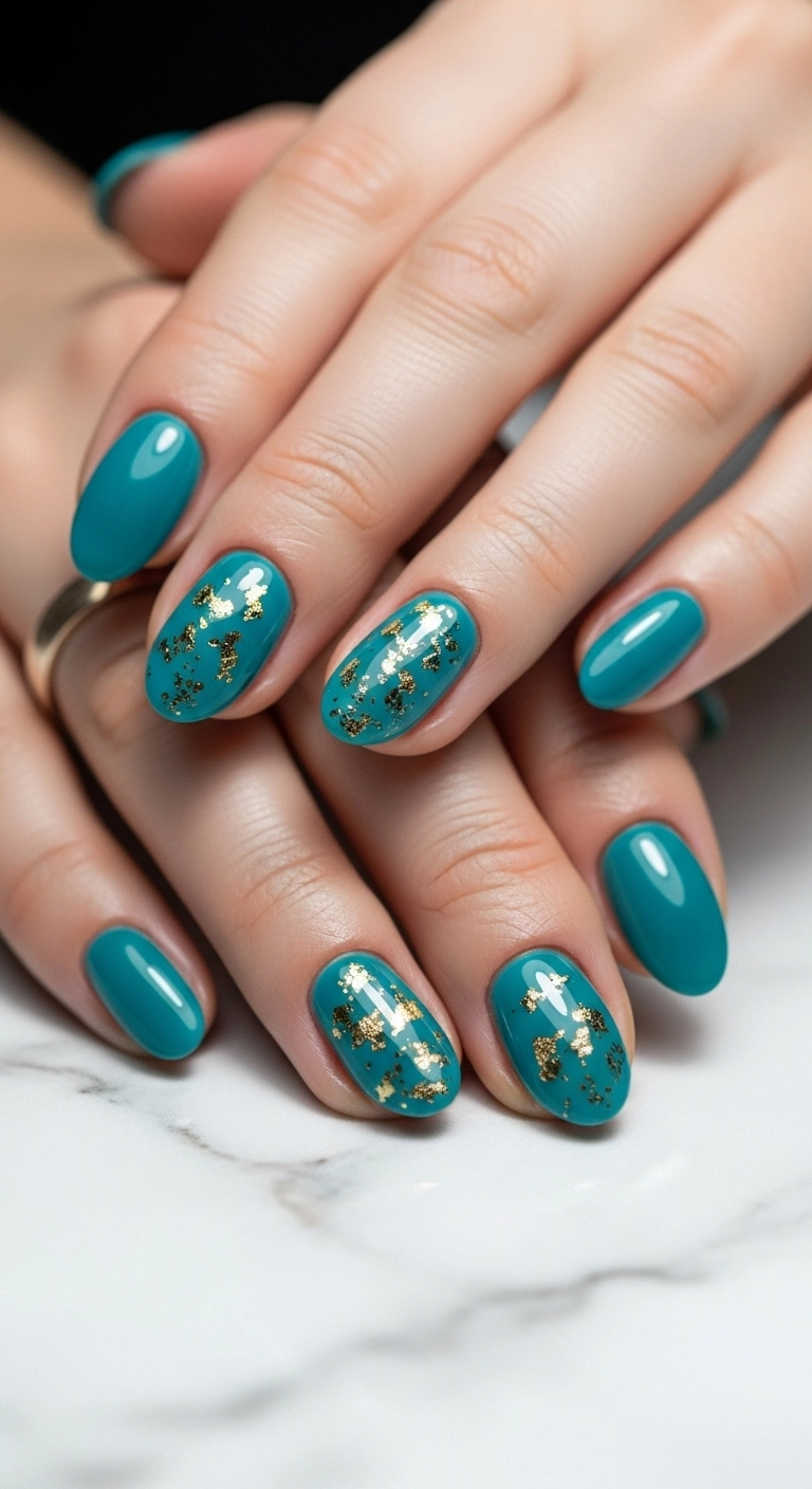 Elegant turquoise nails with delicate gold leaf flakes on a marble surface.