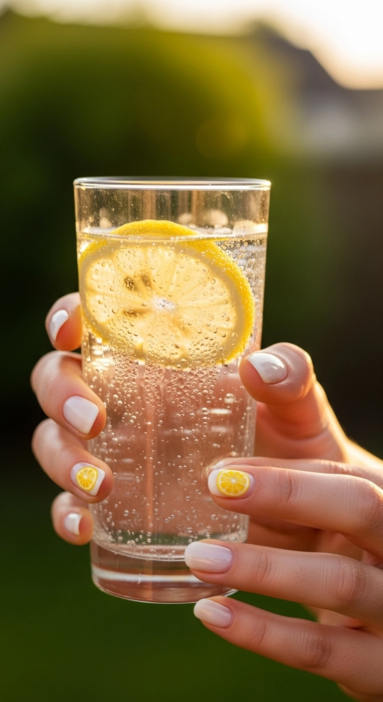Woman's hand with milky white nails and a detailed lemon slice accent nail, holding a glass of water.