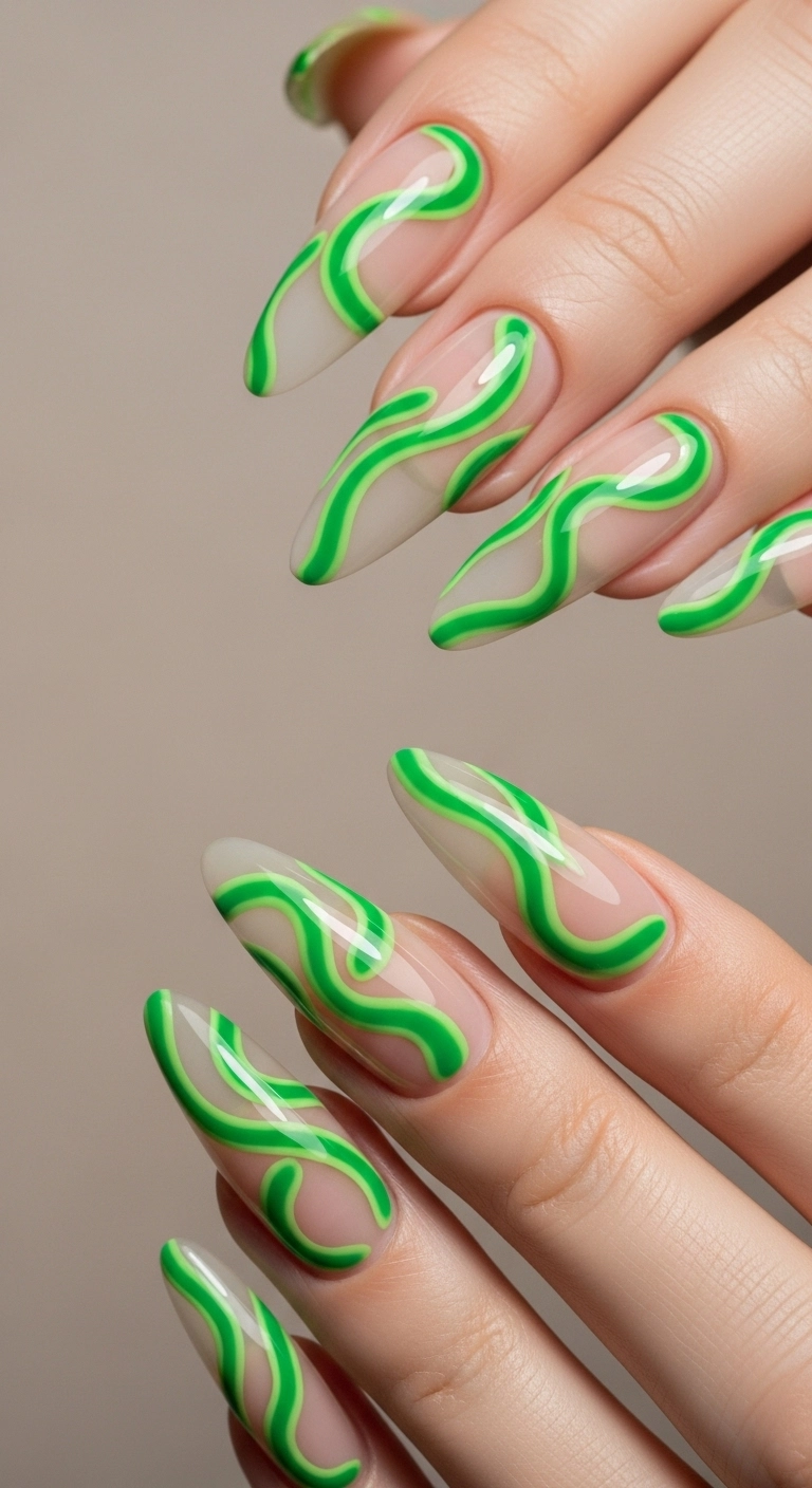 Long almond nails with a sheer nude base and bold, abstract swirls of lime green.