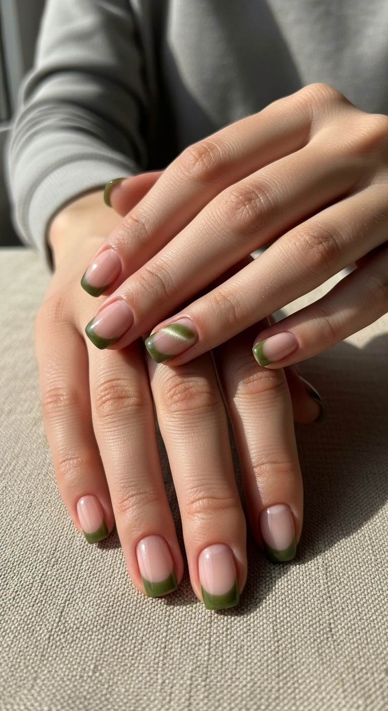 A modern French manicure with olive green cat eye tips on short square nails.