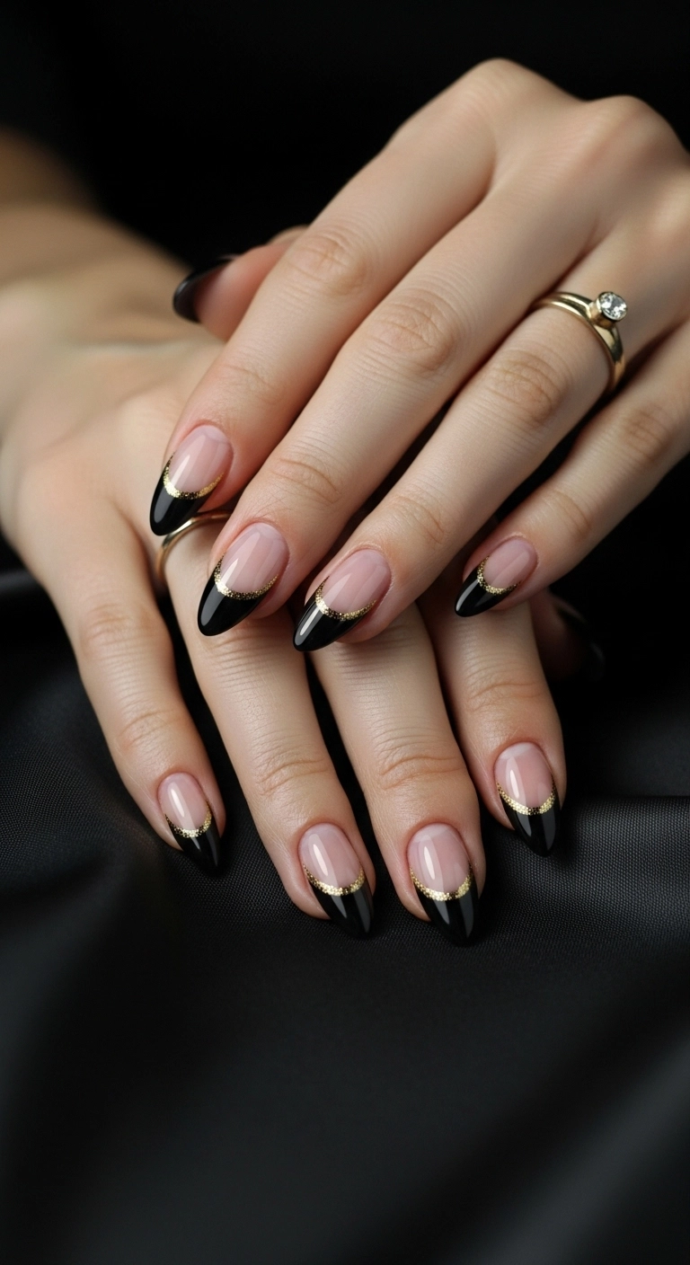 A luxurious black cat eye manicure with shimmering gold French tips.
