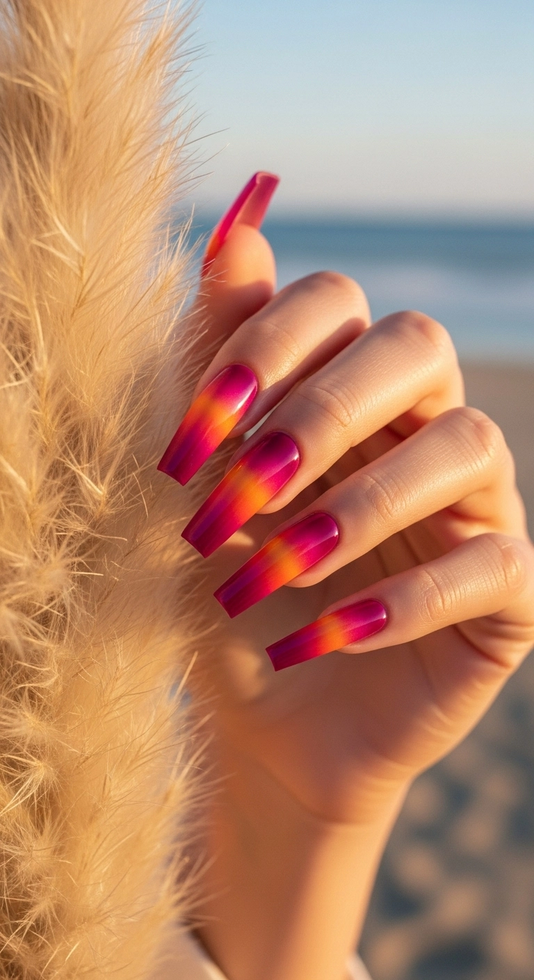 Tapered square nails with a fiery orange to magenta sunset ombré cat eye effect.