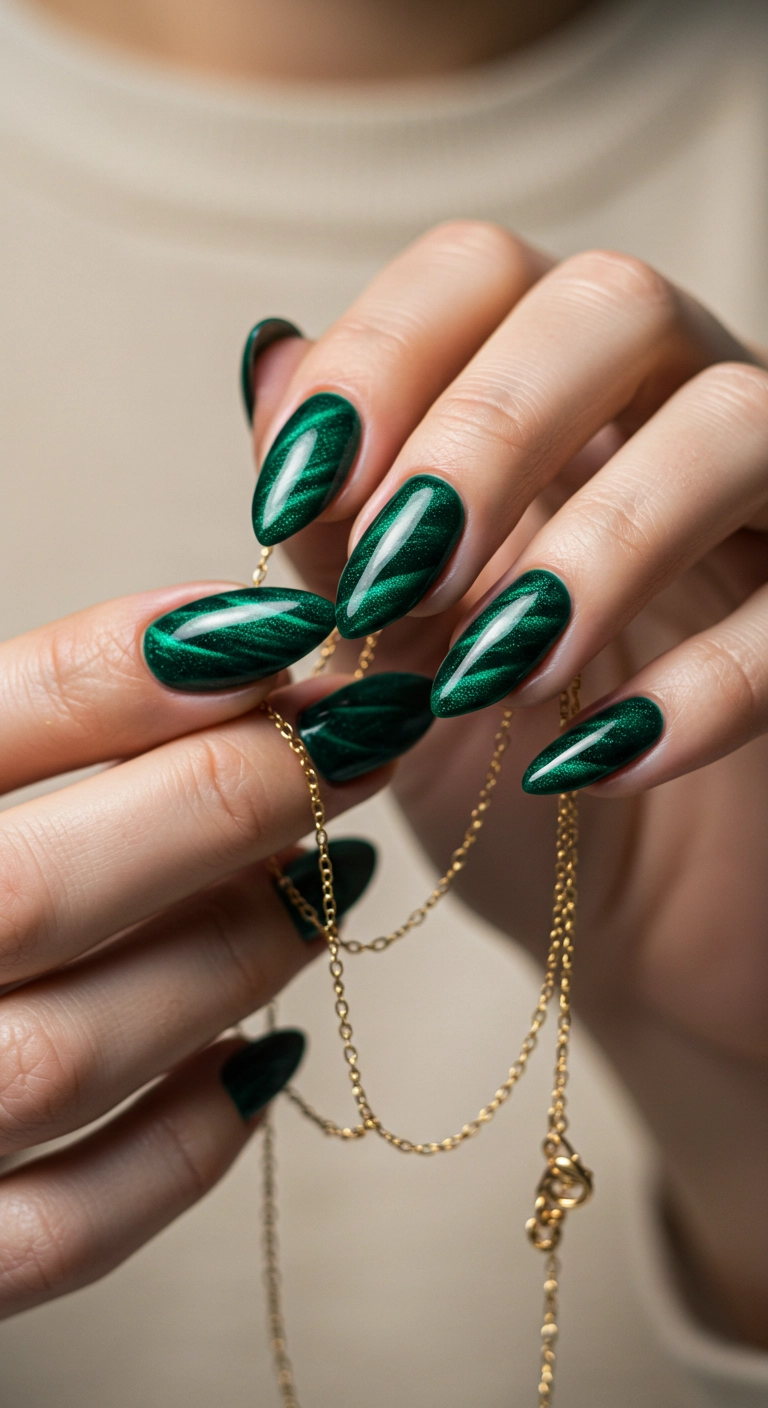 A close-up of almond-shaped nails with a luxurious emerald green velvet cat eye effect.