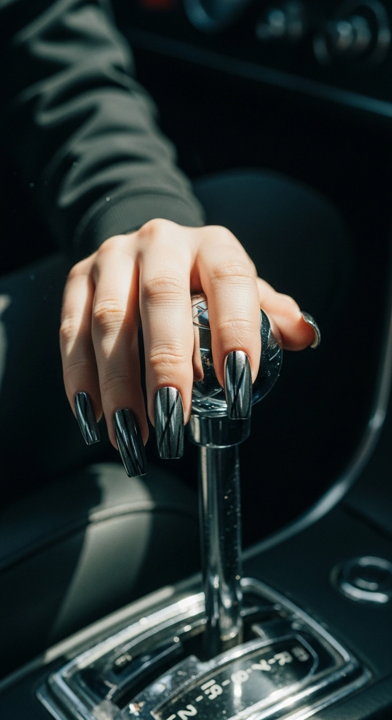 Edgy tapered square nails with a dark gunmetal grey cat eye polish.