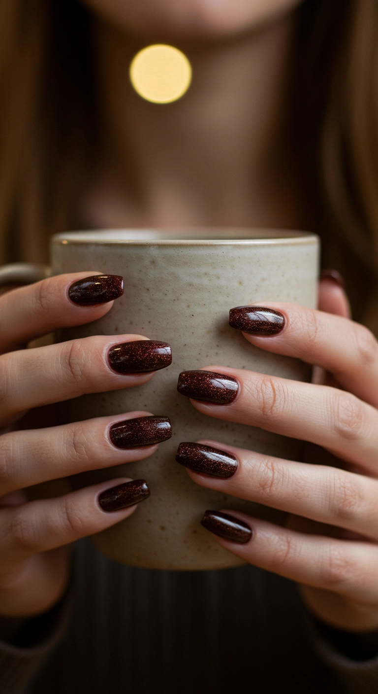 Rich chocolate brown velvet cat eye manicure on coffin-shaped nails.