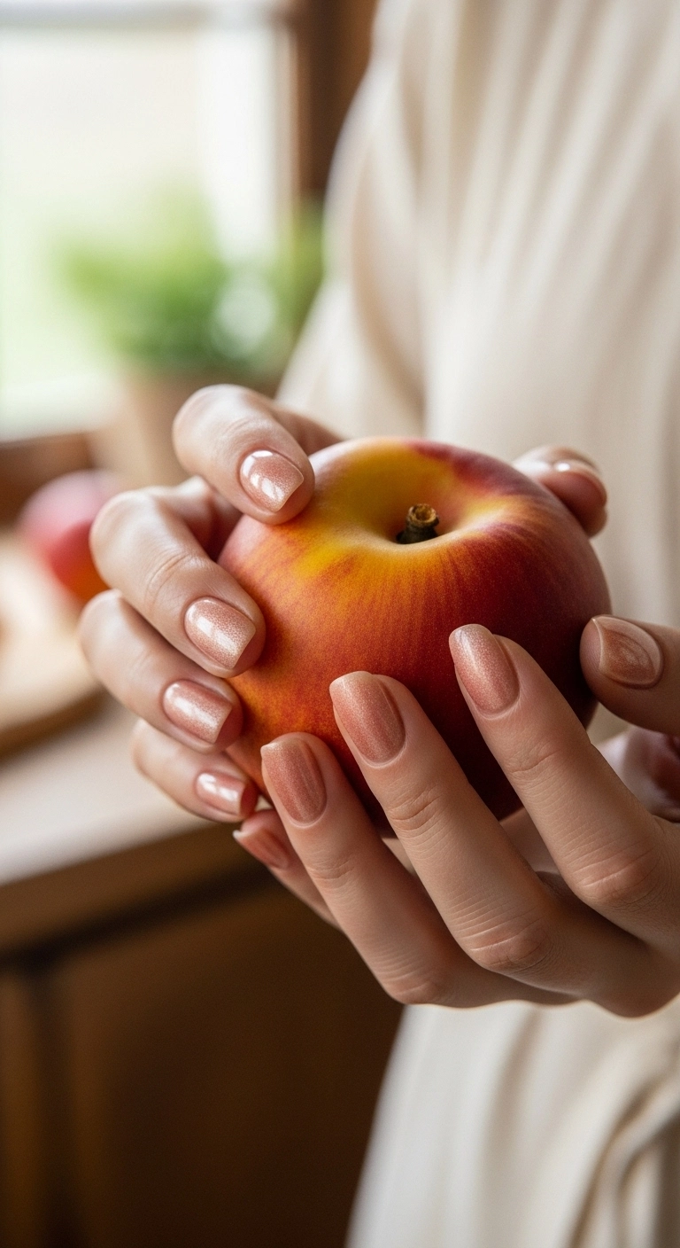 A soft and warm peach velvet cat eye manicure on short, rounded nails.