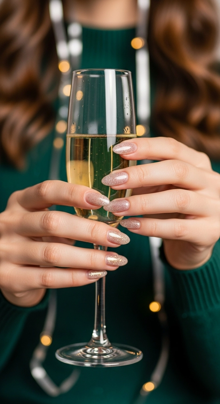Elegant almond-shaped nails with a festive champagne cat eye shimmer.