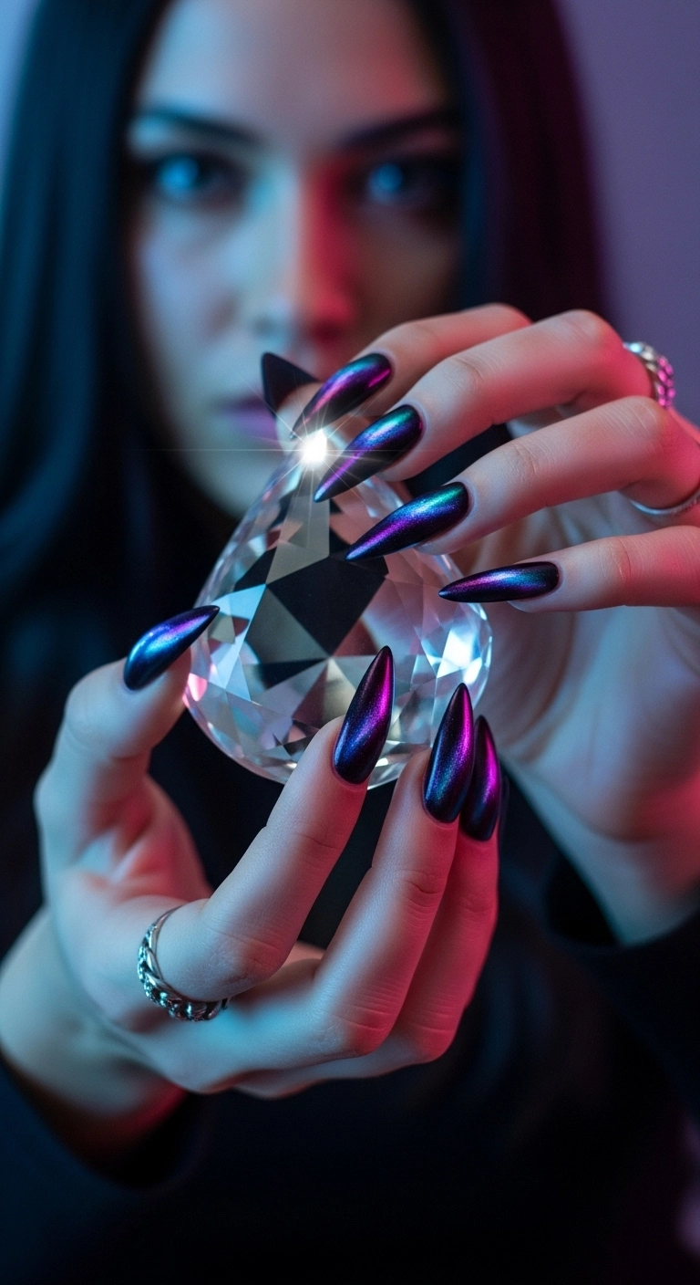 Stiletto nails with a mesmerizing purple and teal galactic cat eye design.
