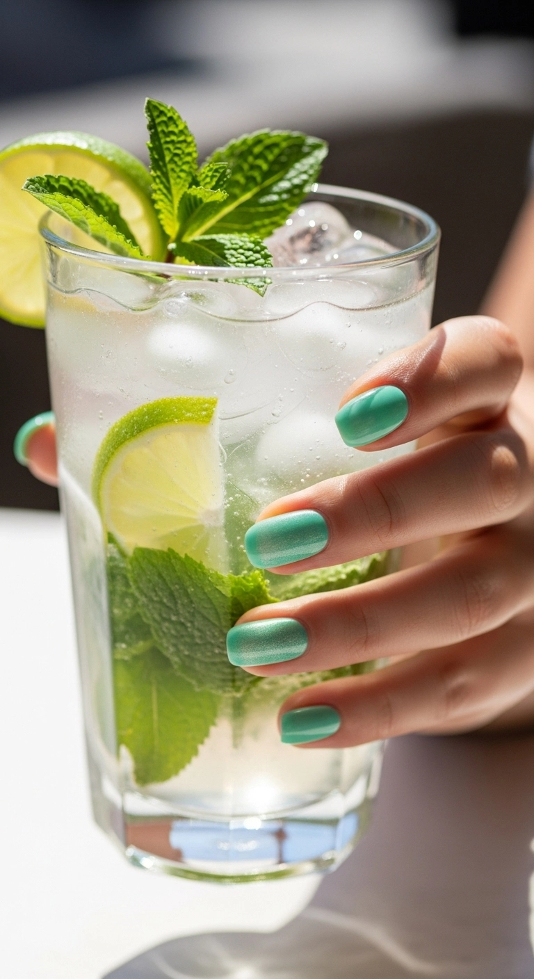 Vibrant mint green cat eye polish on short round nails, looking fresh and icy.