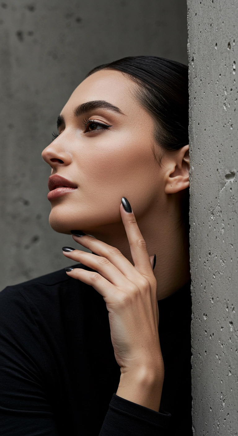 Short squoval nails with a moody dark grey metallic cat eye polish.