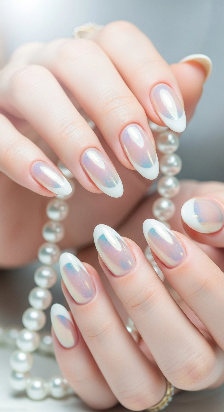 An iridescent white pearl cat eye manicure on elegant oval nails.