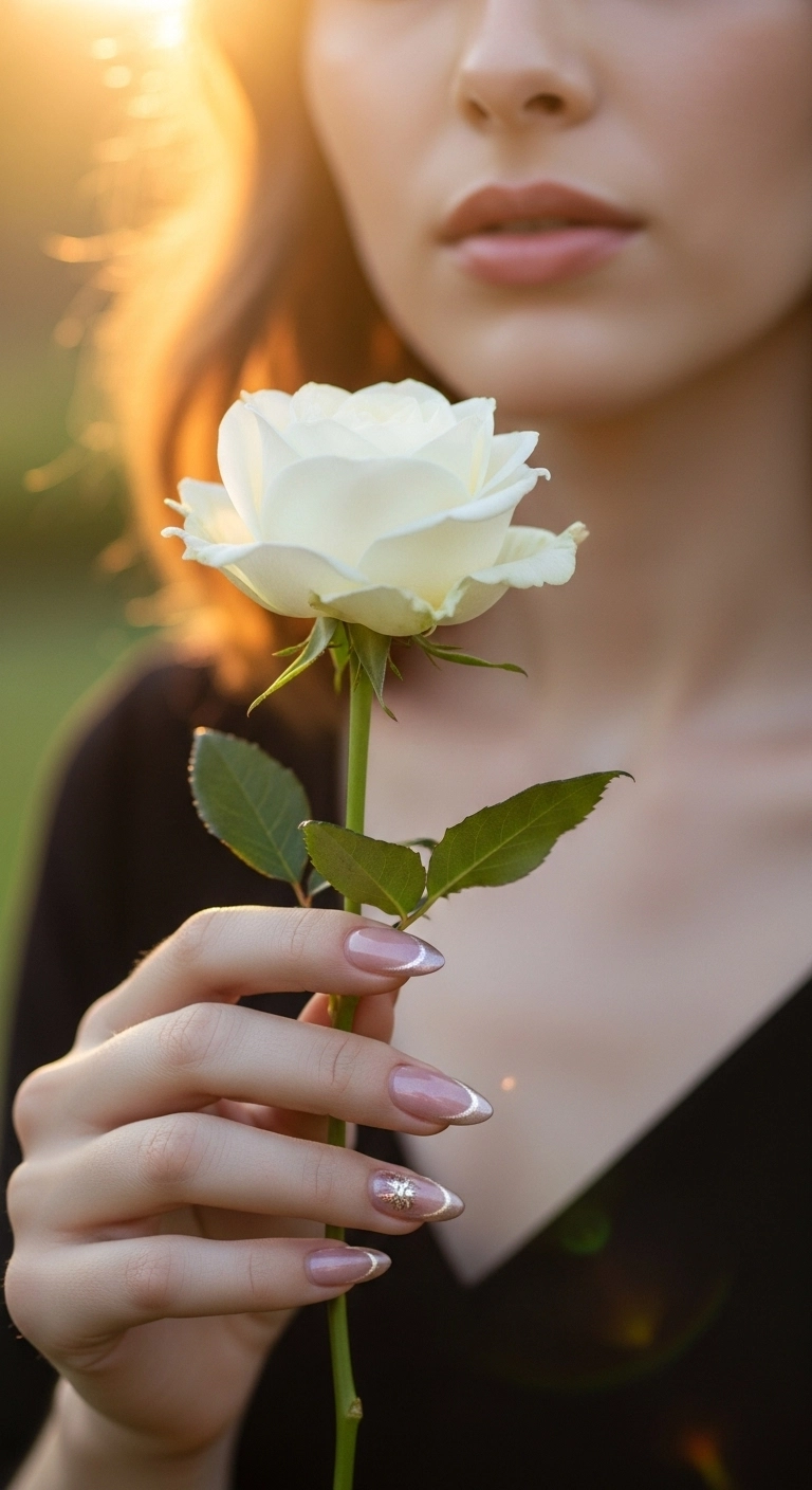 A romantic rose gold cat eye manicure on almond-shaped nails.