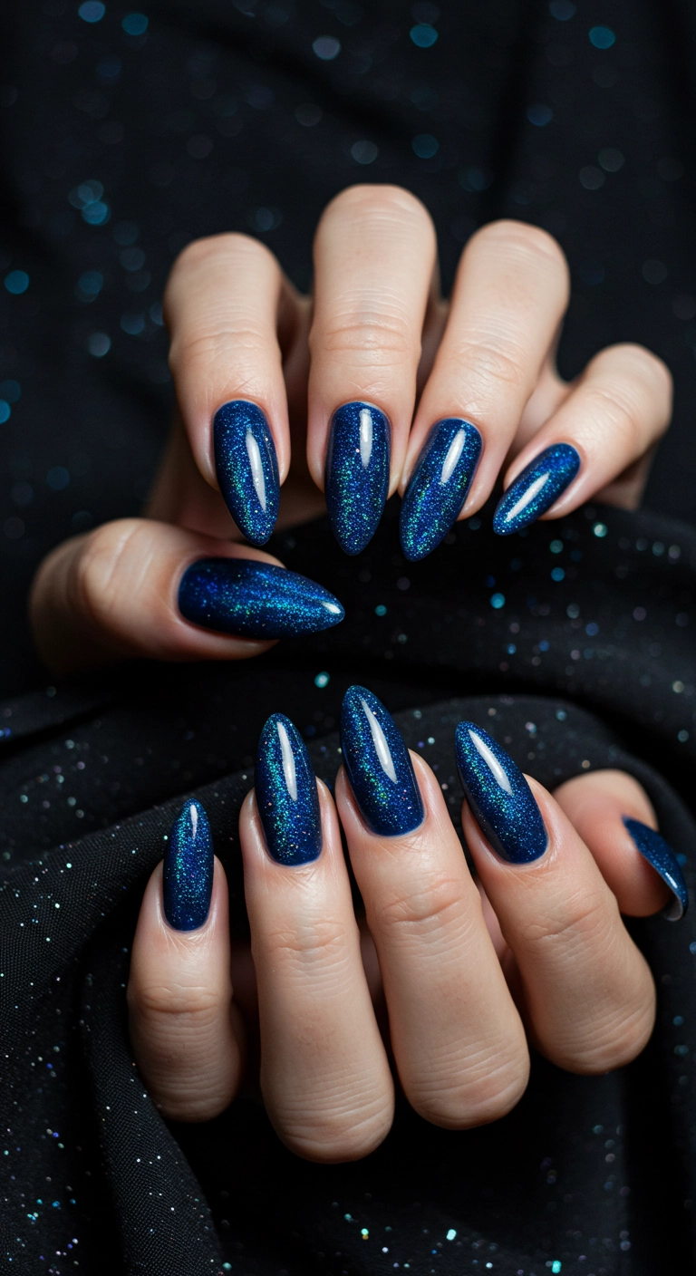 Long almond nails with a deep midnight blue cat eye and holographic glitter, resembling a starry night.