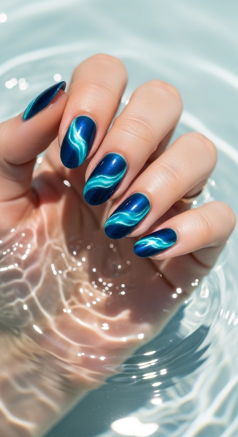 Round nails with a dynamic ocean wave cat eye effect in shades of blue and turquoise.