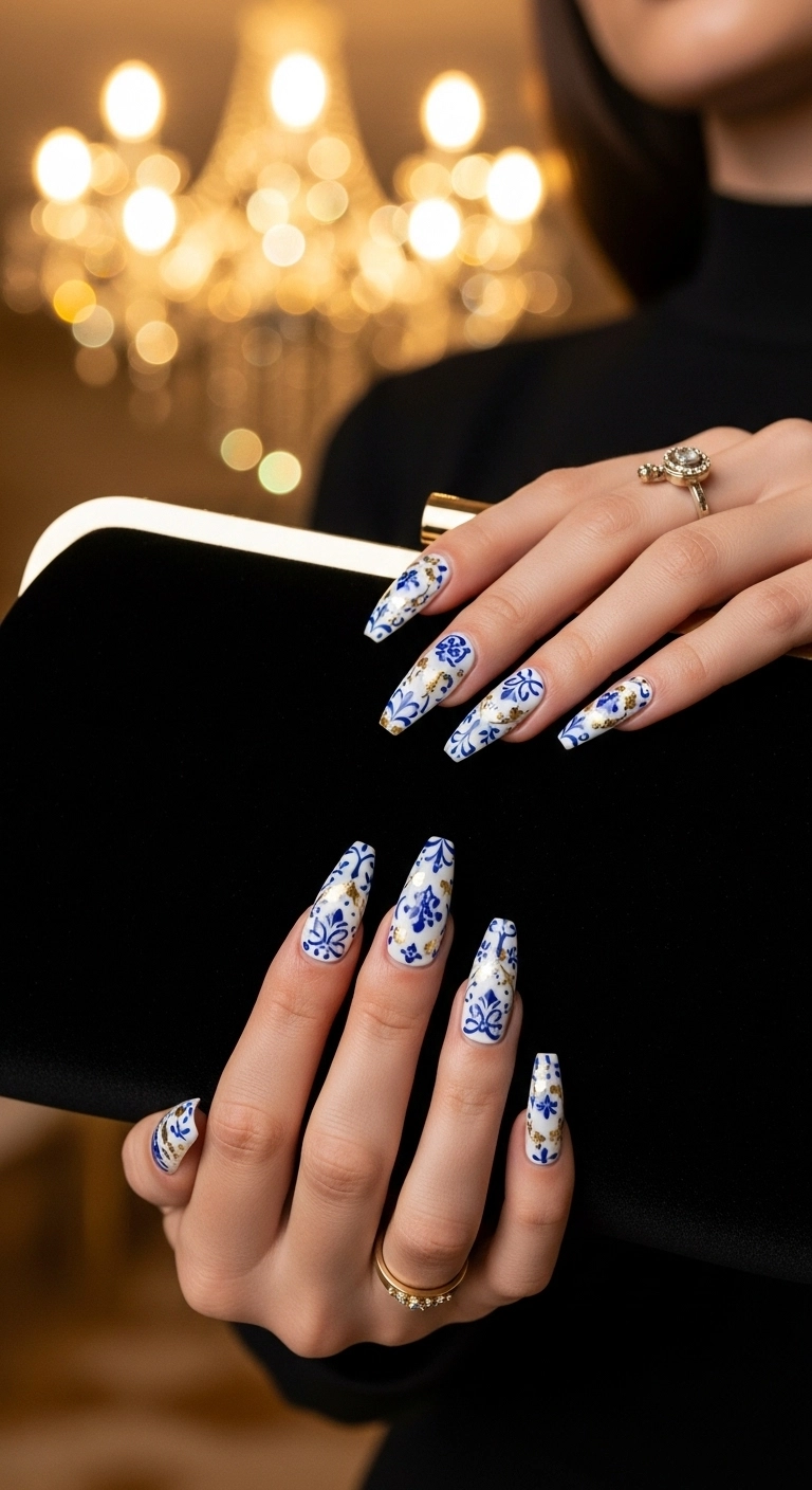 Stiletto press-on nails with a blue and white porcelain pattern enhanced with elegant gold leaf accents.