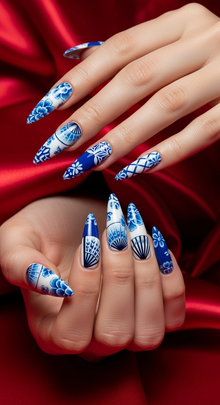Fan-shaped press-on nails, each decorated with a unique and intricate blue and white Chinese fan-inspired pattern.