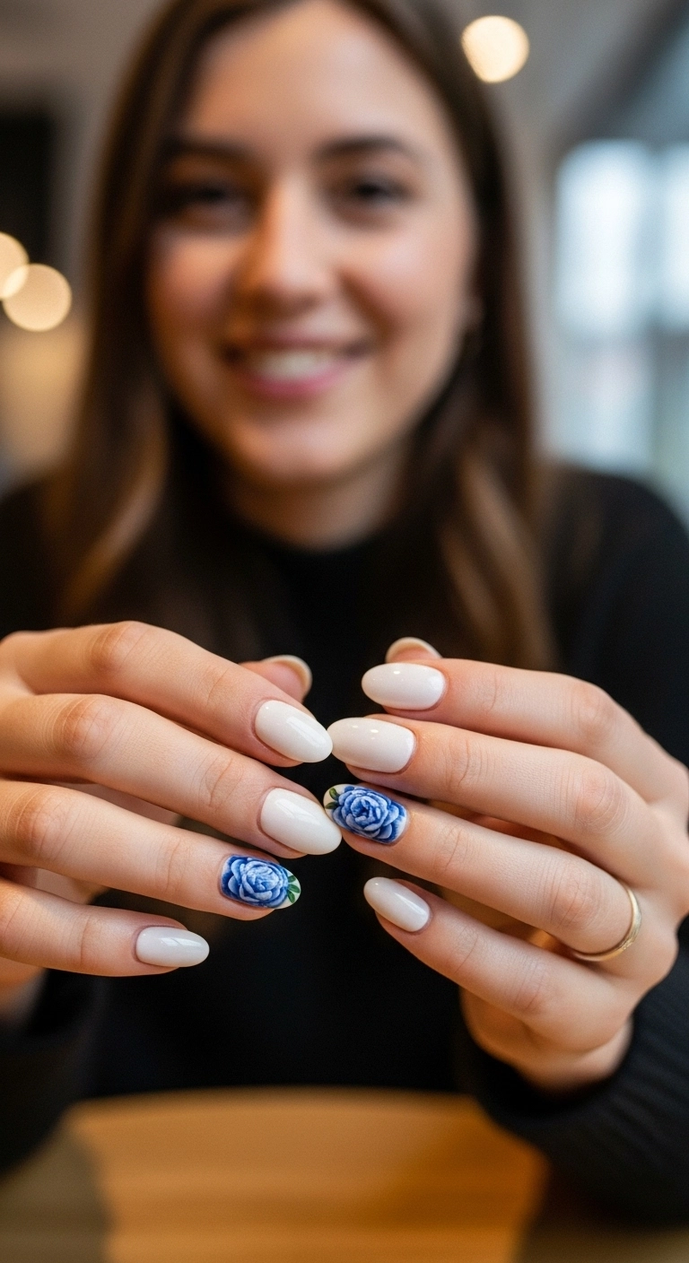 Oval press-on nails in creamy white with two accent nails featuring a large, detailed blue peony flower.
