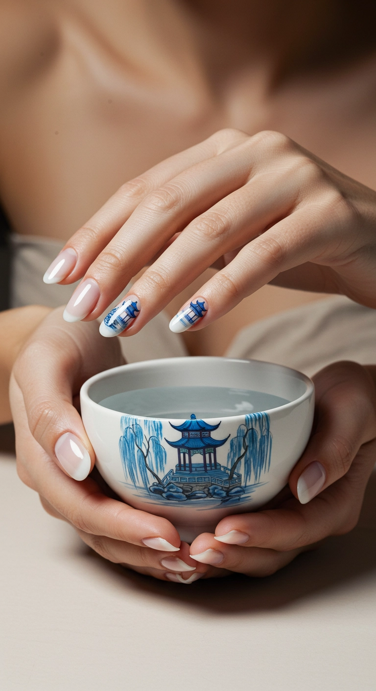 Long oval press-on nails painted with a continuous blue and white scene of a Chinese garden with a pagoda.