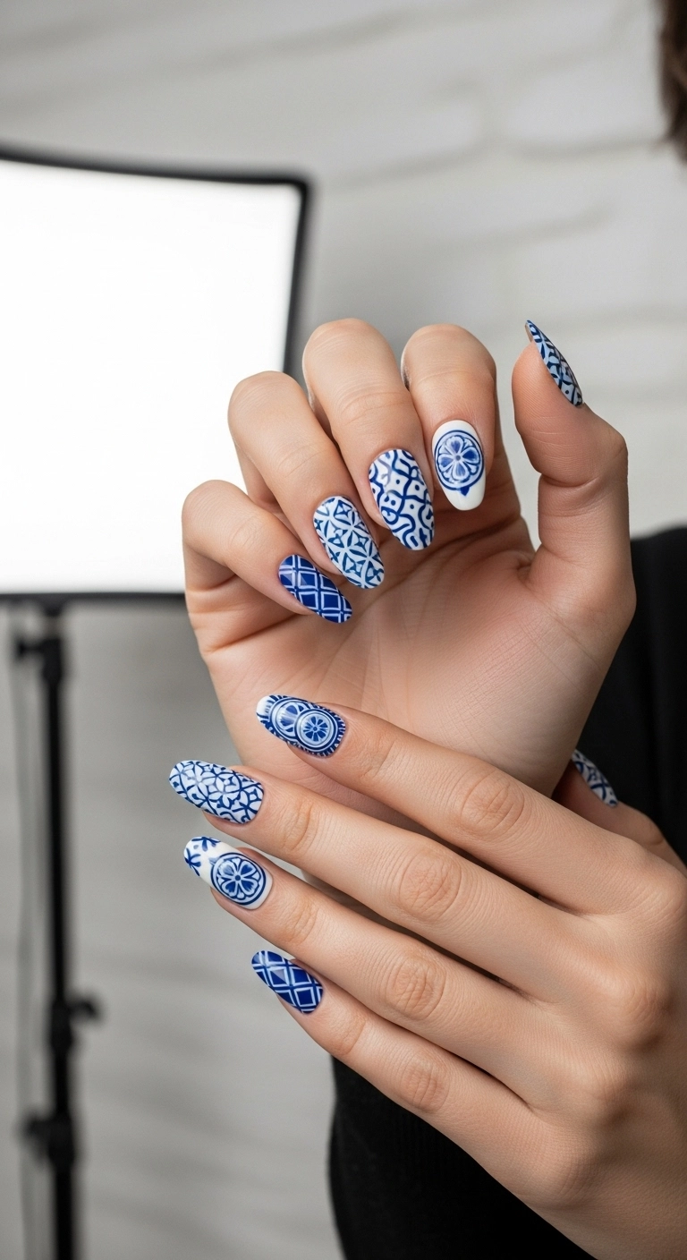 Almond-shaped press-on nails with a mix of blue and white geometric and medallion patterns inspired by Chinese porcelain.