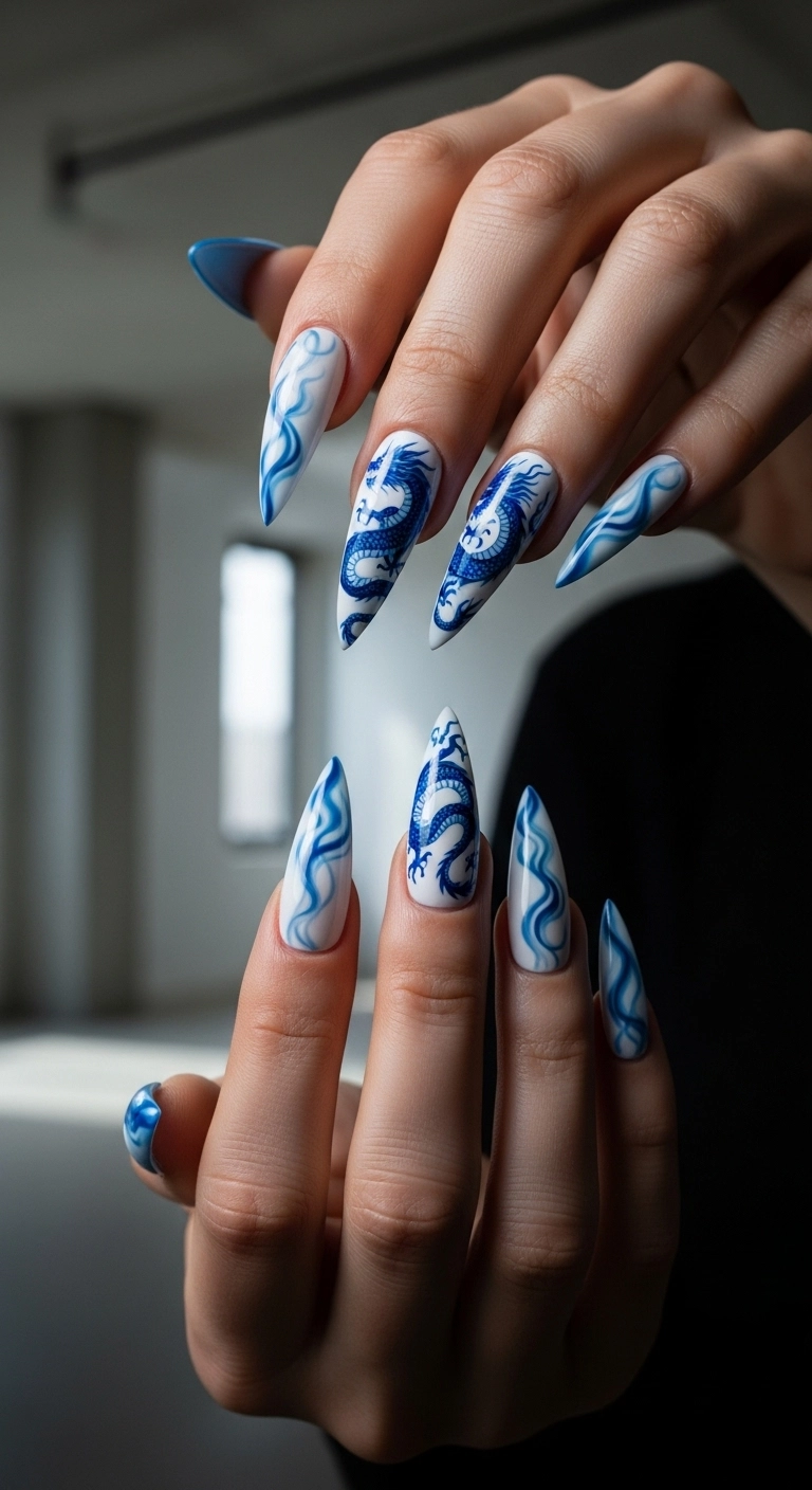 A close-up of stiletto press-on nails with a detailed blue imperial dragon design against a white background.