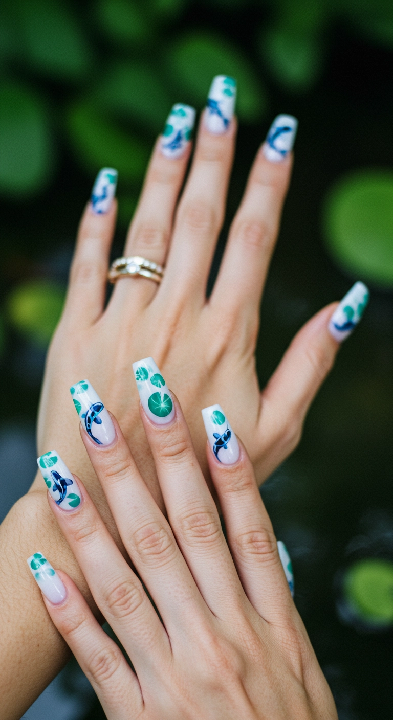 Woman's hands displaying coffin-shaped press-on nails with a hand-painted blue koi pond scene.
