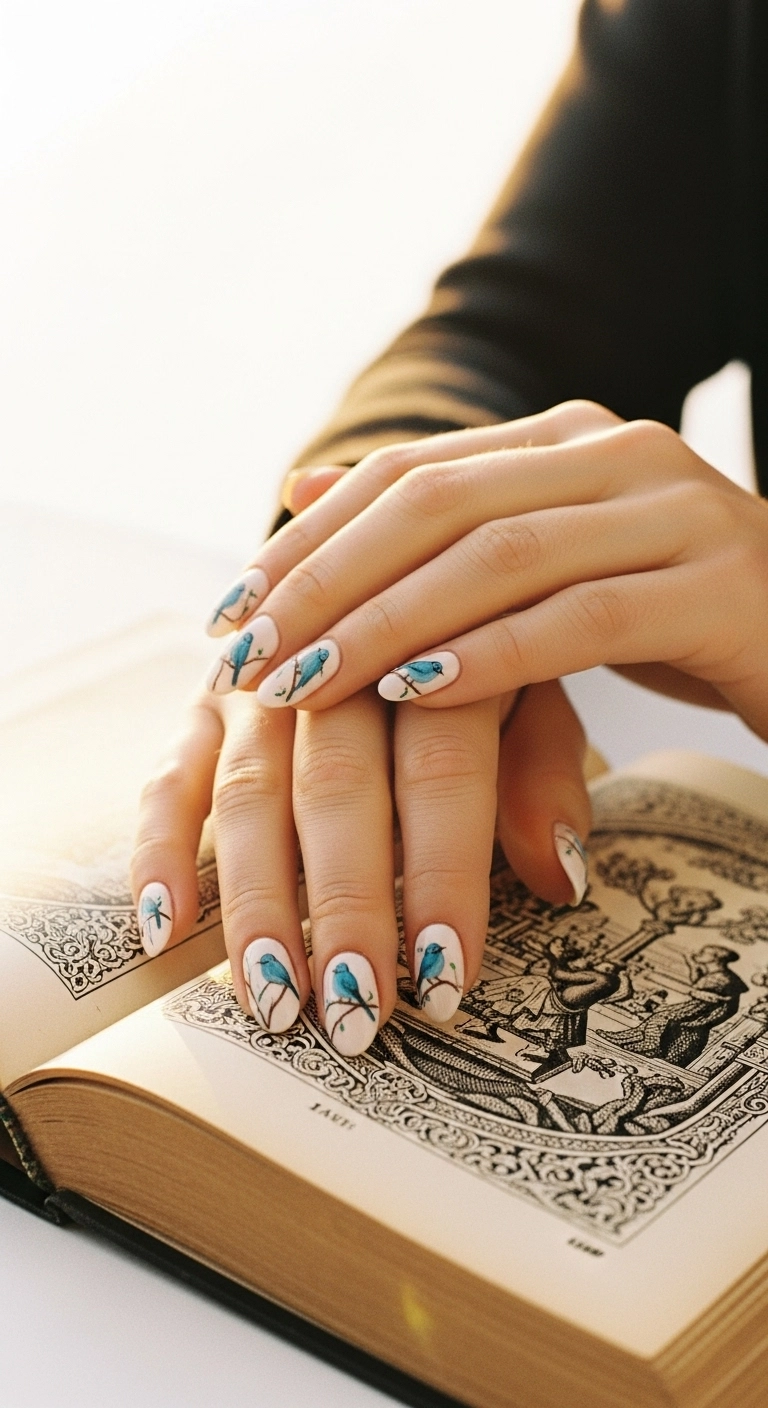 Oval press-on nails with a delicate design of blue birds perched on branches against a white background.