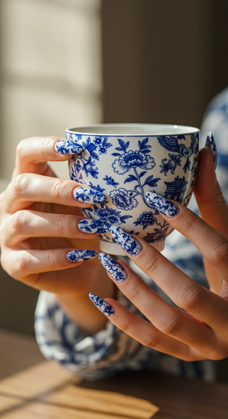 Woman's hands with almond-shaped press-on nails featuring a classic blue and white Chinese porcelain floral design.