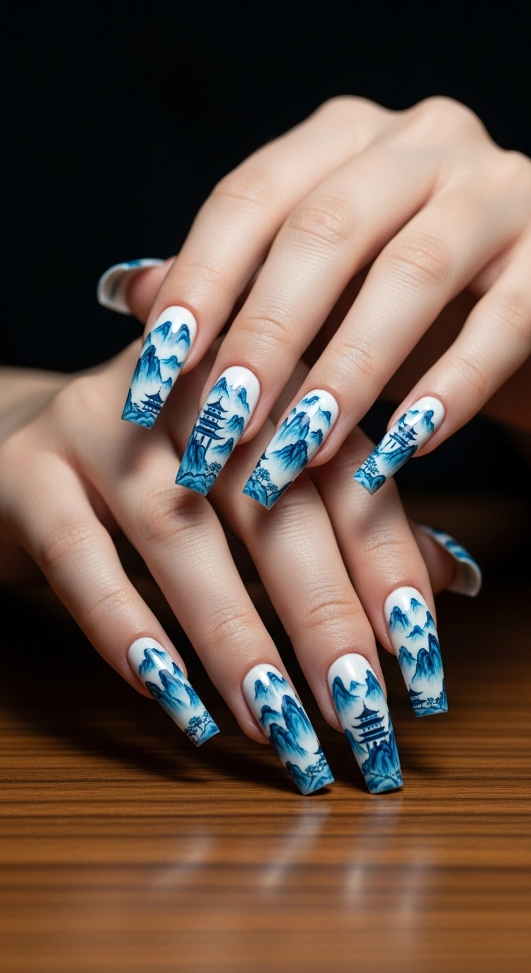 Tapered square press-on nails that form a continuous blue and white Chinese mountain landscape painting.