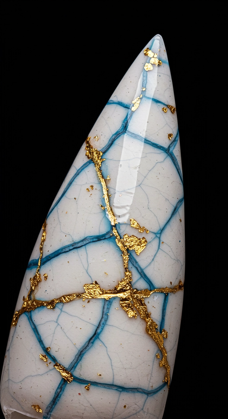 A macro shot of a stiletto press-on nail with a realistic white cracked porcelain effect filled with fine blue and gold lines.
