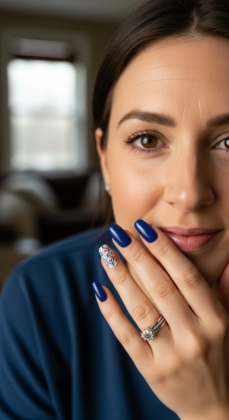 A woman showcasing her manicure of glossy cobalt blue nails with a single white press-on accent nail featuring an intricate porcelain design.