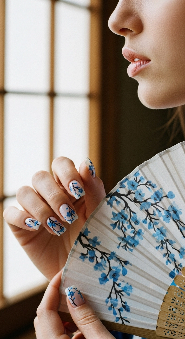 A close-up of short square press-on nails adorned with delicate blue cherry blossom branches.