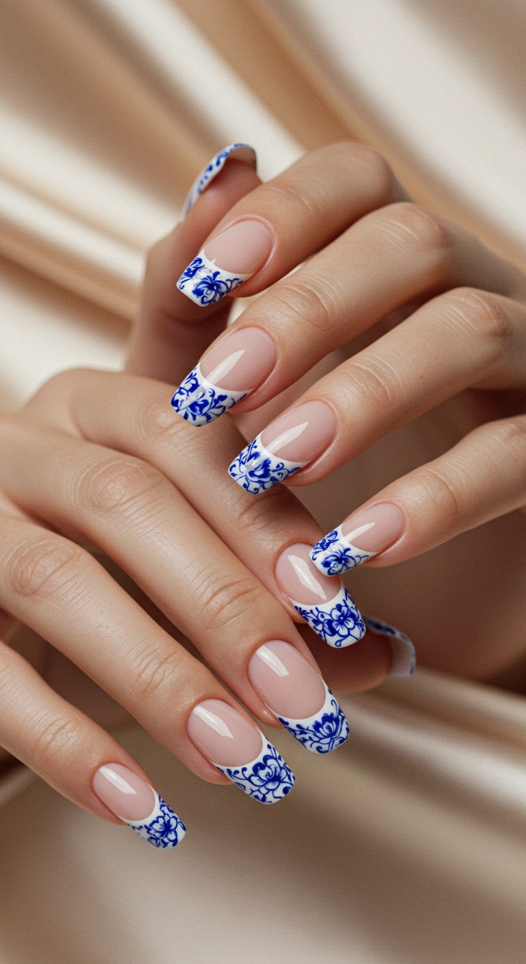 A close-up of almond-shaped nails with a French manicure where the tips feature a blue and white porcelain floral pattern.