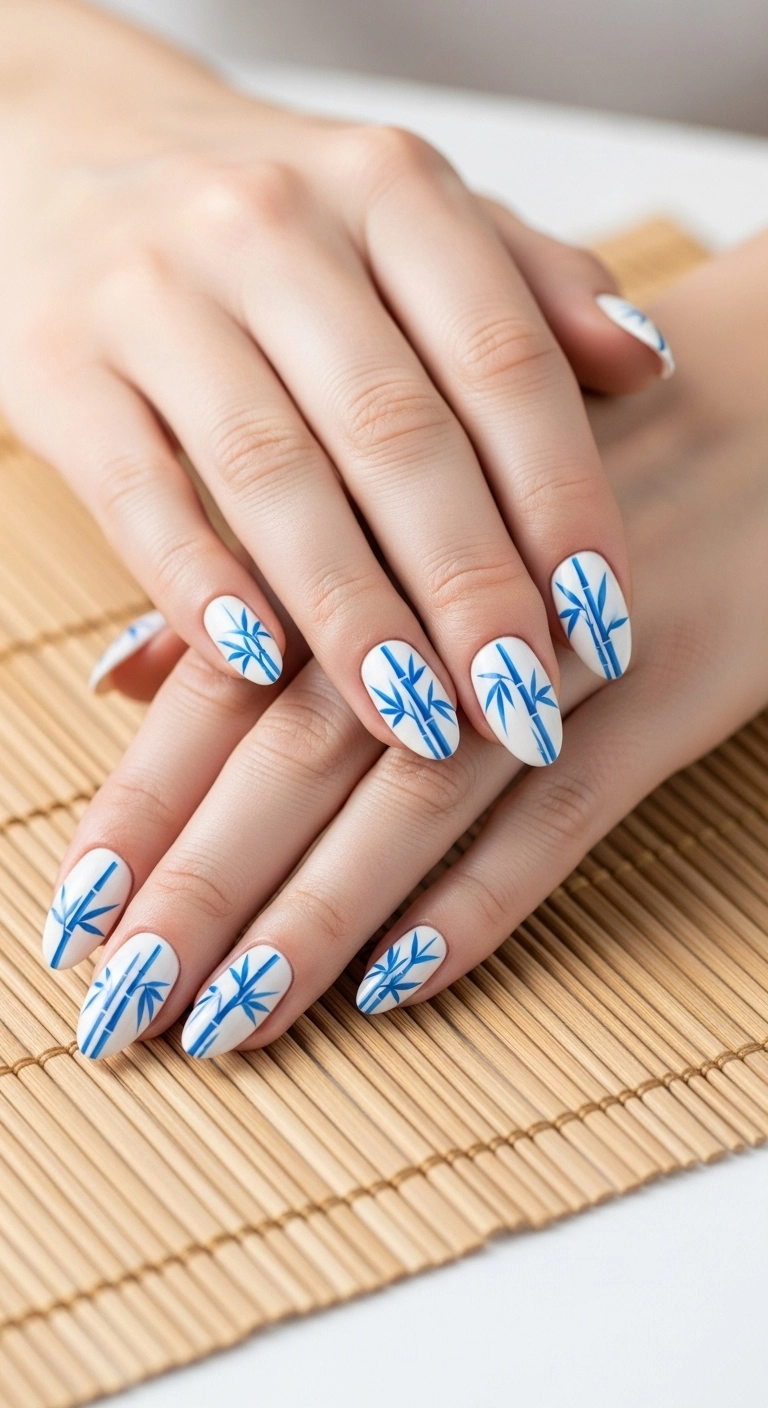 Medium almond-shaped press-on nails with a minimalist design of blue bamboo stalks on a white background.