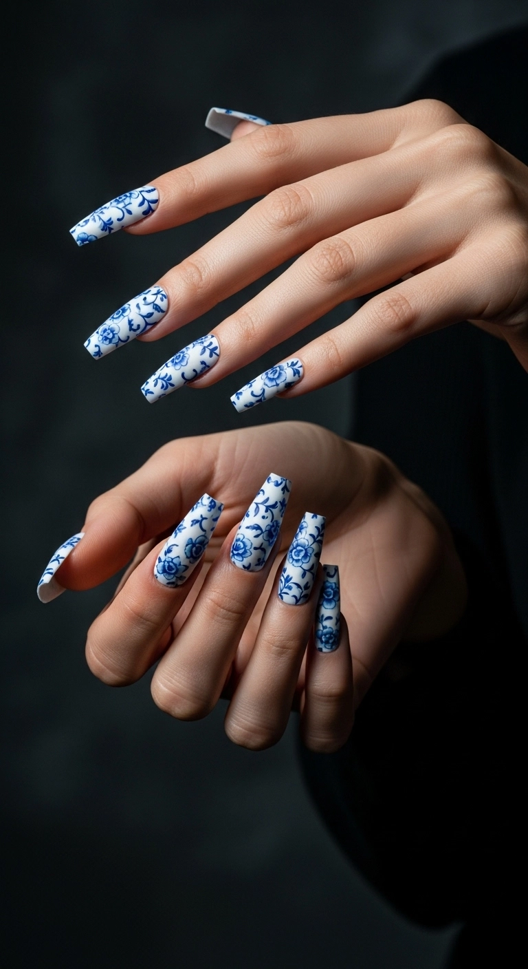 Long coffin press-on nails with a blue and white porcelain floral design finished with a modern matte top coat.