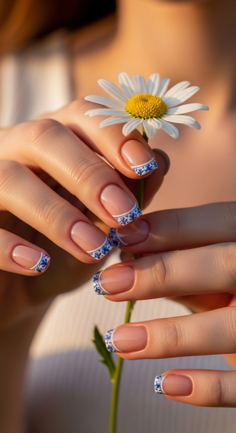 Short rounded press-on nails with a nude base and a very thin blue porcelain pattern as a border around the nail.
