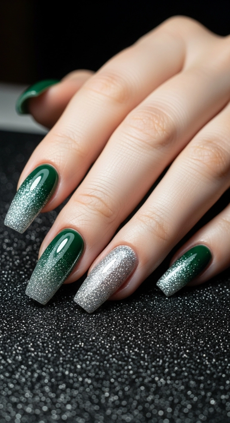Green to silver glitter ombré nails