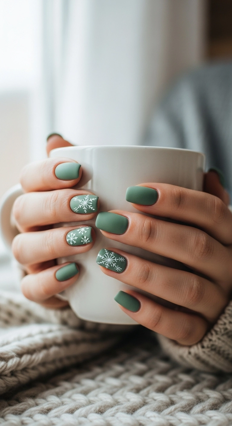 Matte sage green nails with white snowflake accent art