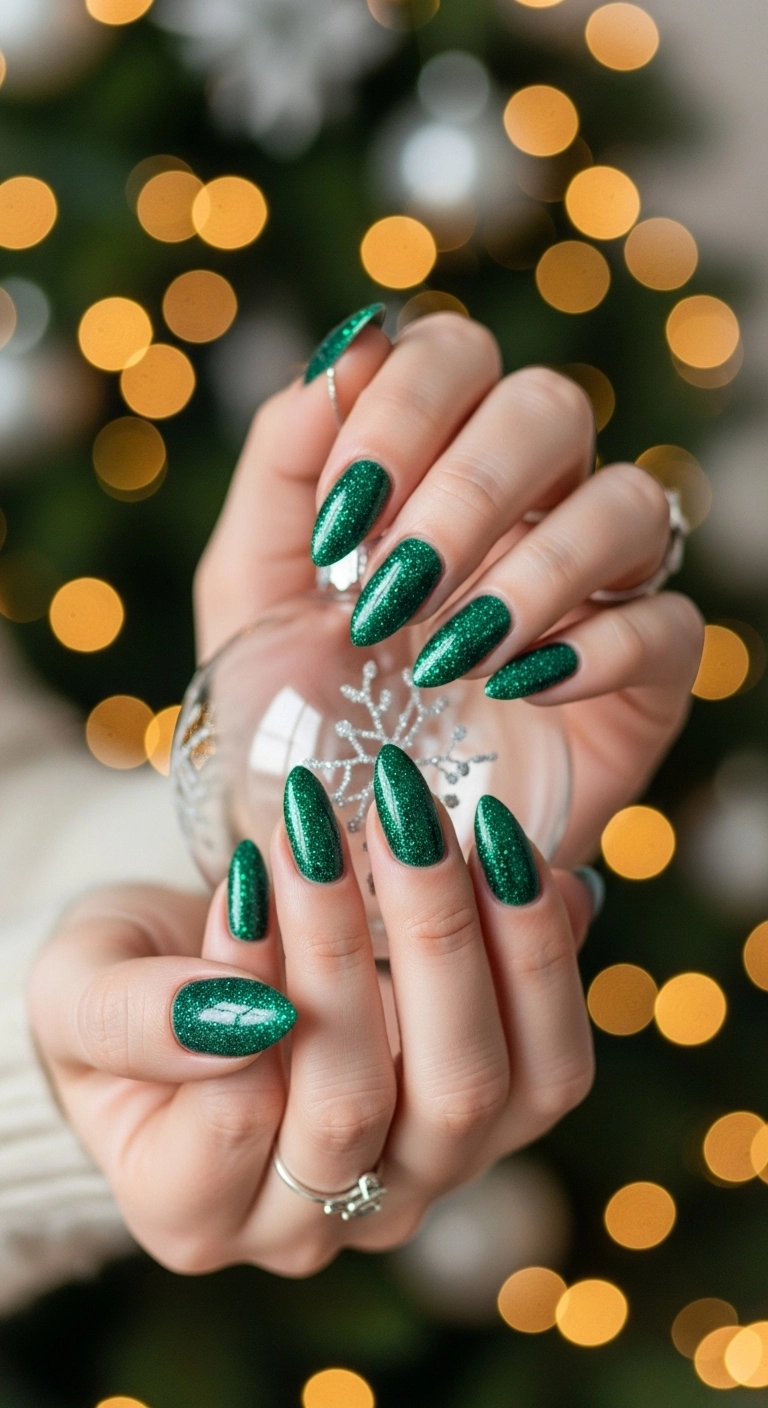 Close-up of emerald green glitter nails holding a Christmas ornament