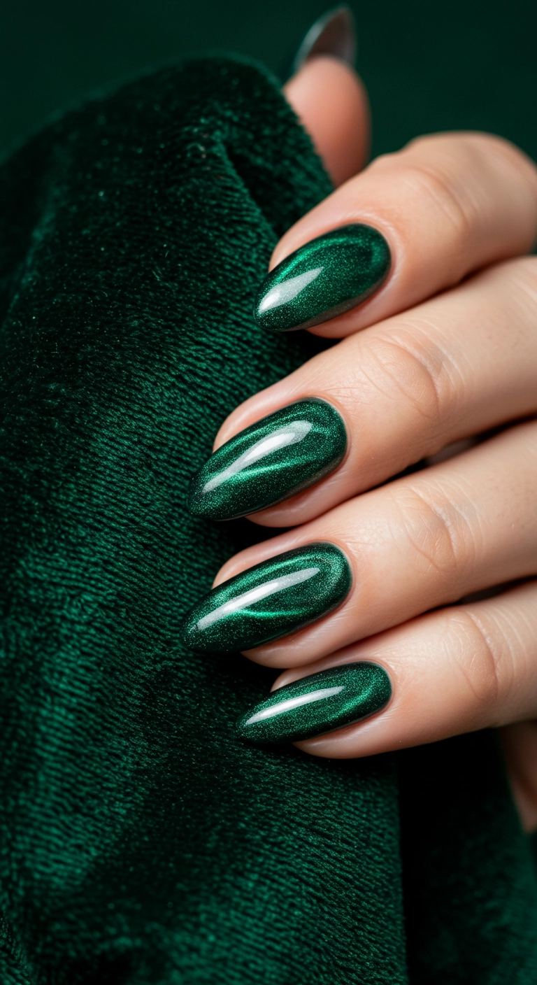 Deep green nails with a shimmering velvet effect finish