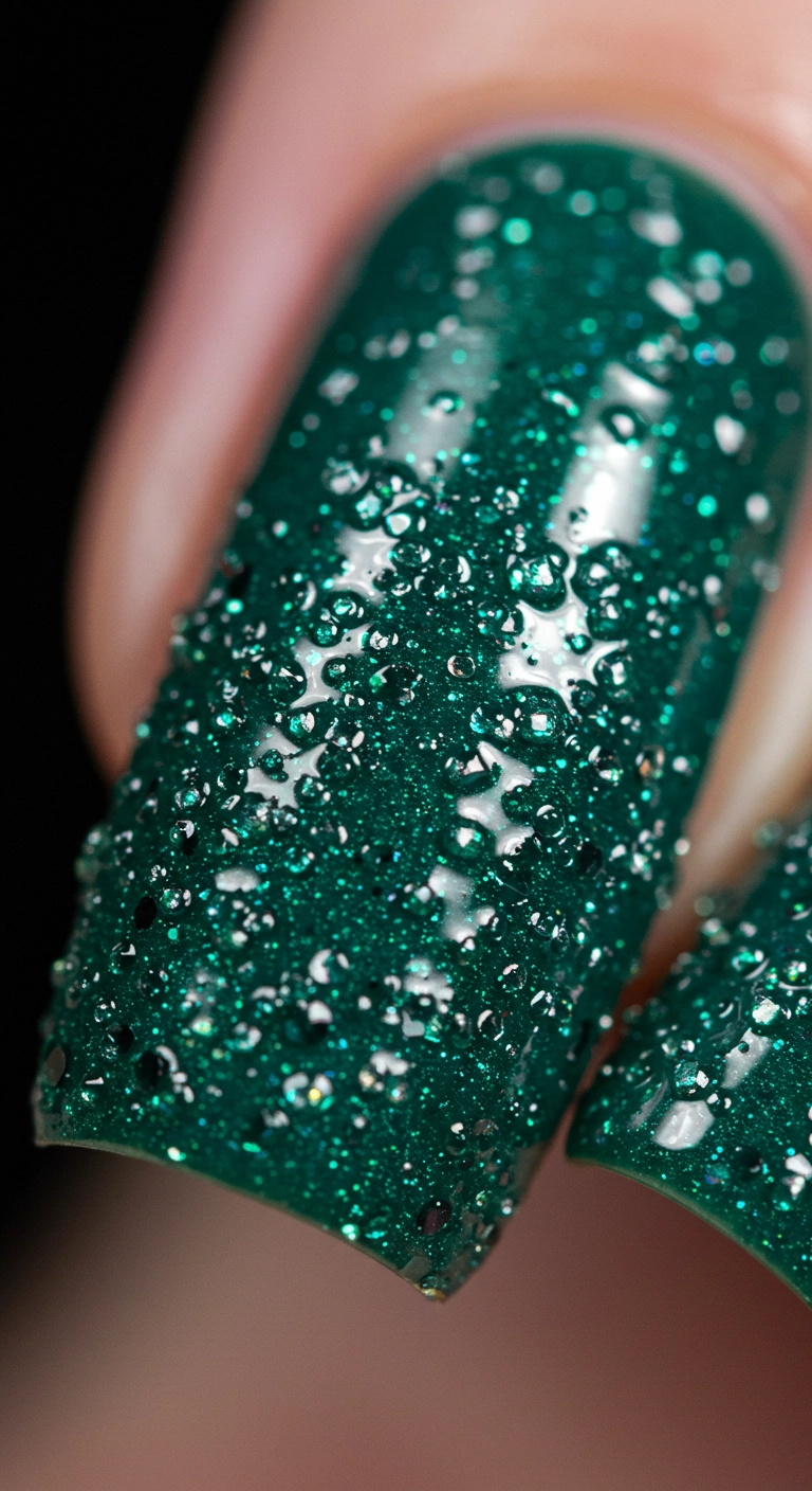 Textured emerald green nails with a sparkly sugar effect