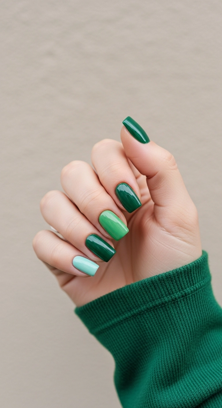 Hand with each nail painted a different shade of green polish